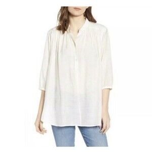 Rebecca Minkoff White Textured‎ Band Collar Tunic Blouse Top Womens L